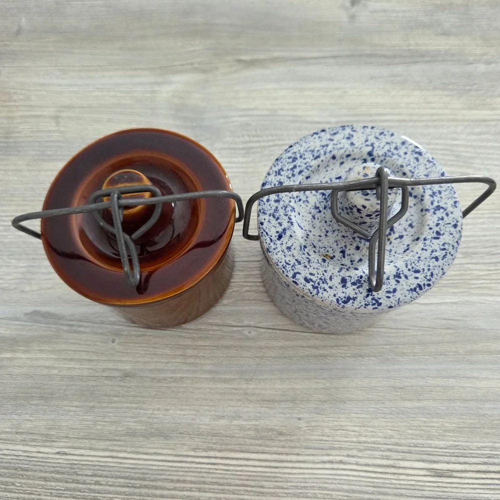 Mini Stoneware Crocks Brown and Blue Spatterware Farmhouse Set of 2